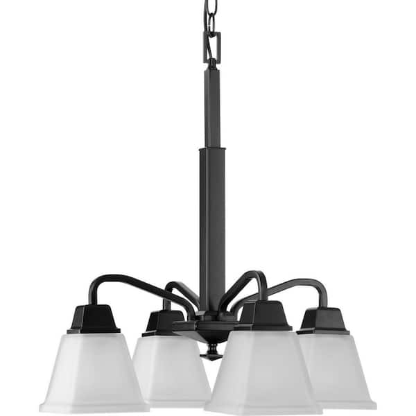 Progress Lighting Clifton Heights Collection 21 in. 4-Light Matte Black Chandelier Light with Etched Glass Shades New Traditional