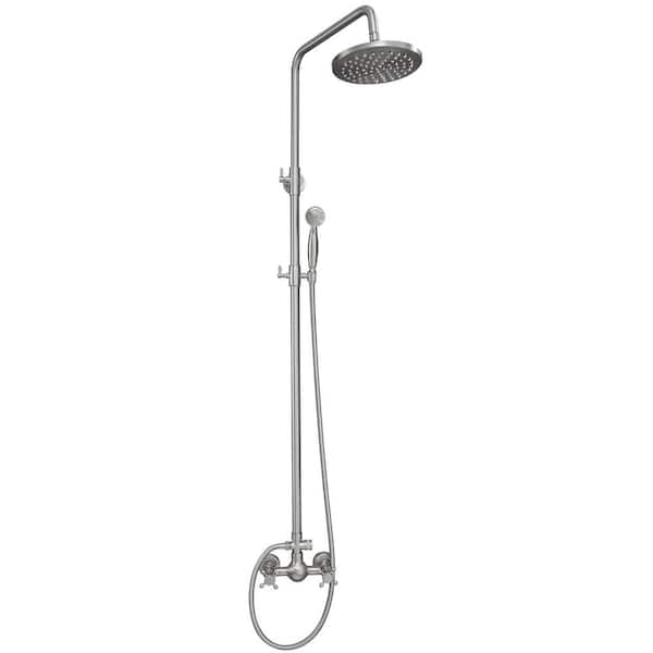HOMEMYSTIQUE 2-Spray Wall Slid Bar Round Rain Shower Faucet with Hand Shower 2 Cross Handles Mixer Shower System Taps in Nickel