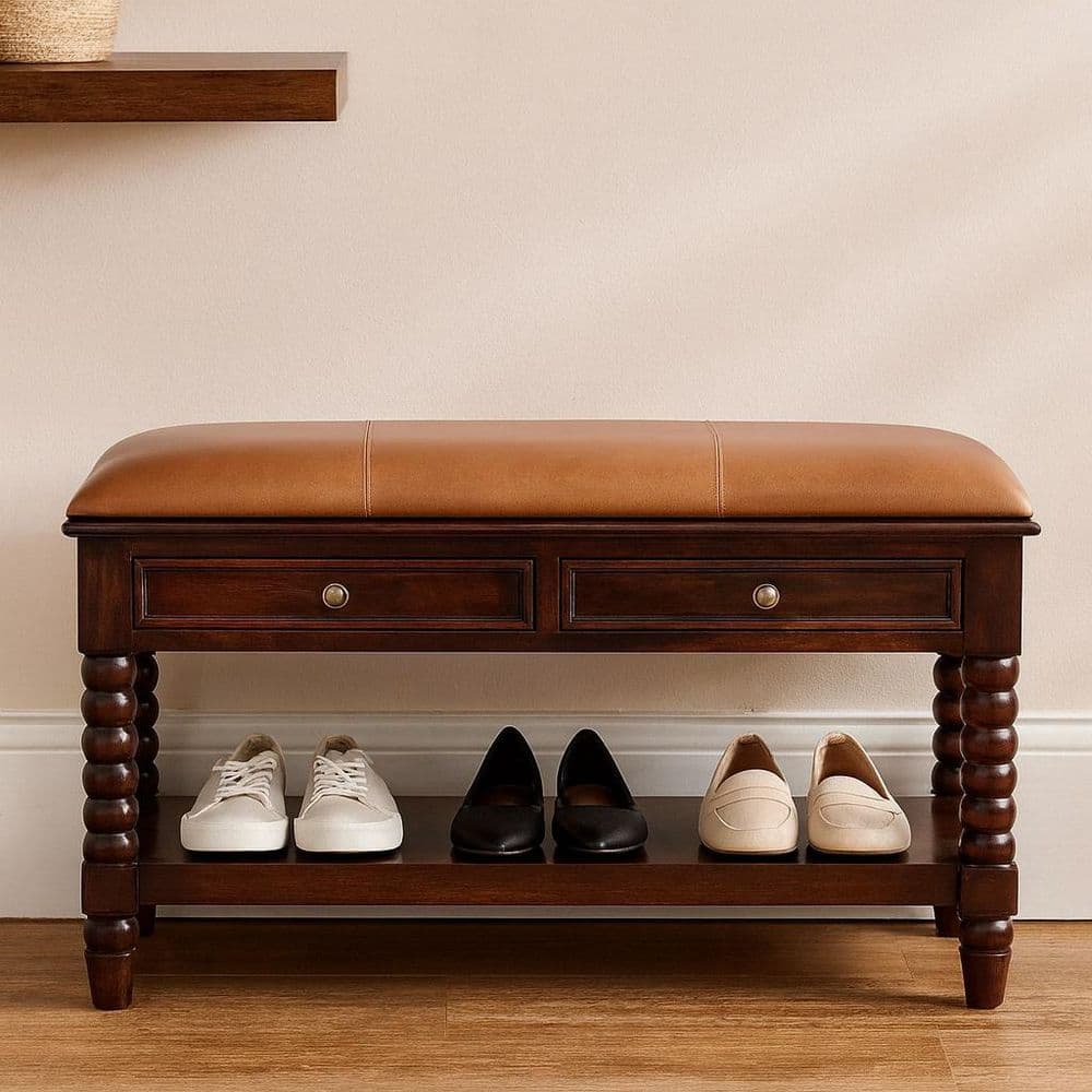 Fadi 35.43 in. Brown Solid Wood Leather Bench with Storage and 2 Drawers