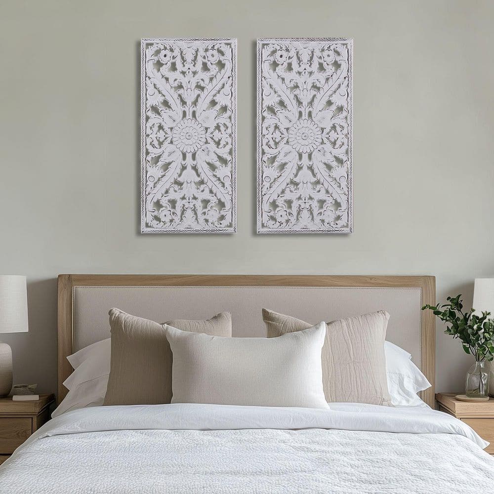 Botanical Panel 31.50 in. x 15.75 in. White Distressed Carved Wood 2-Piece Set by NA Wall Art Decor price history on PriceWatchPro
