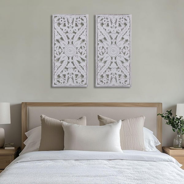 Botanical Panel 31.50 in. x 15.75 in. White Distressed Carved Wood 2-Piece Set by NA Wall Art Decor