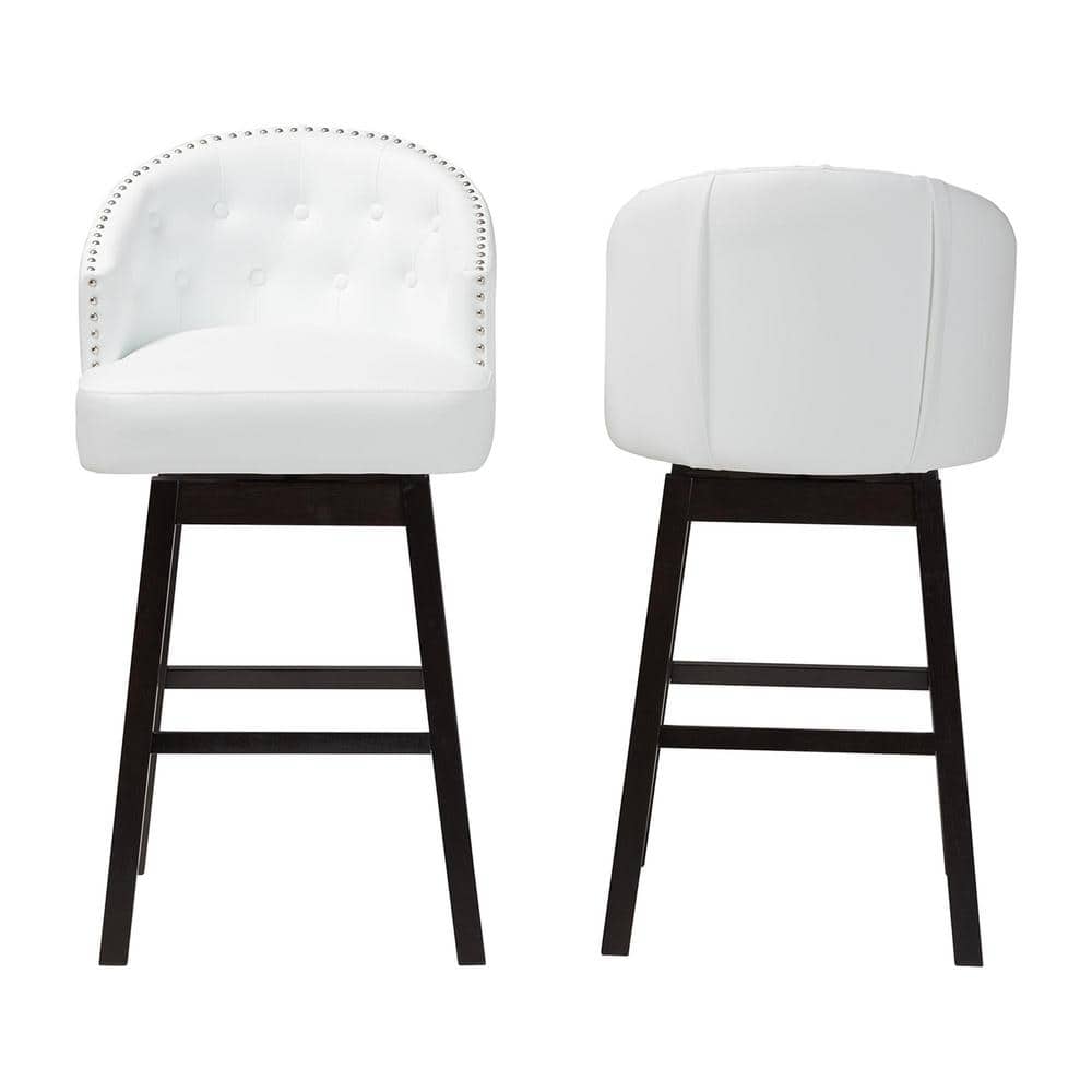 Set of 2 White Faux Leather Tufted Swivel Barstools with Nailhead Trim