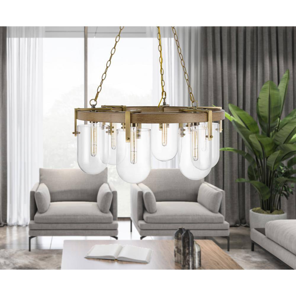Antique Brass and Oak 6-Light Chandelier with Glass Shades