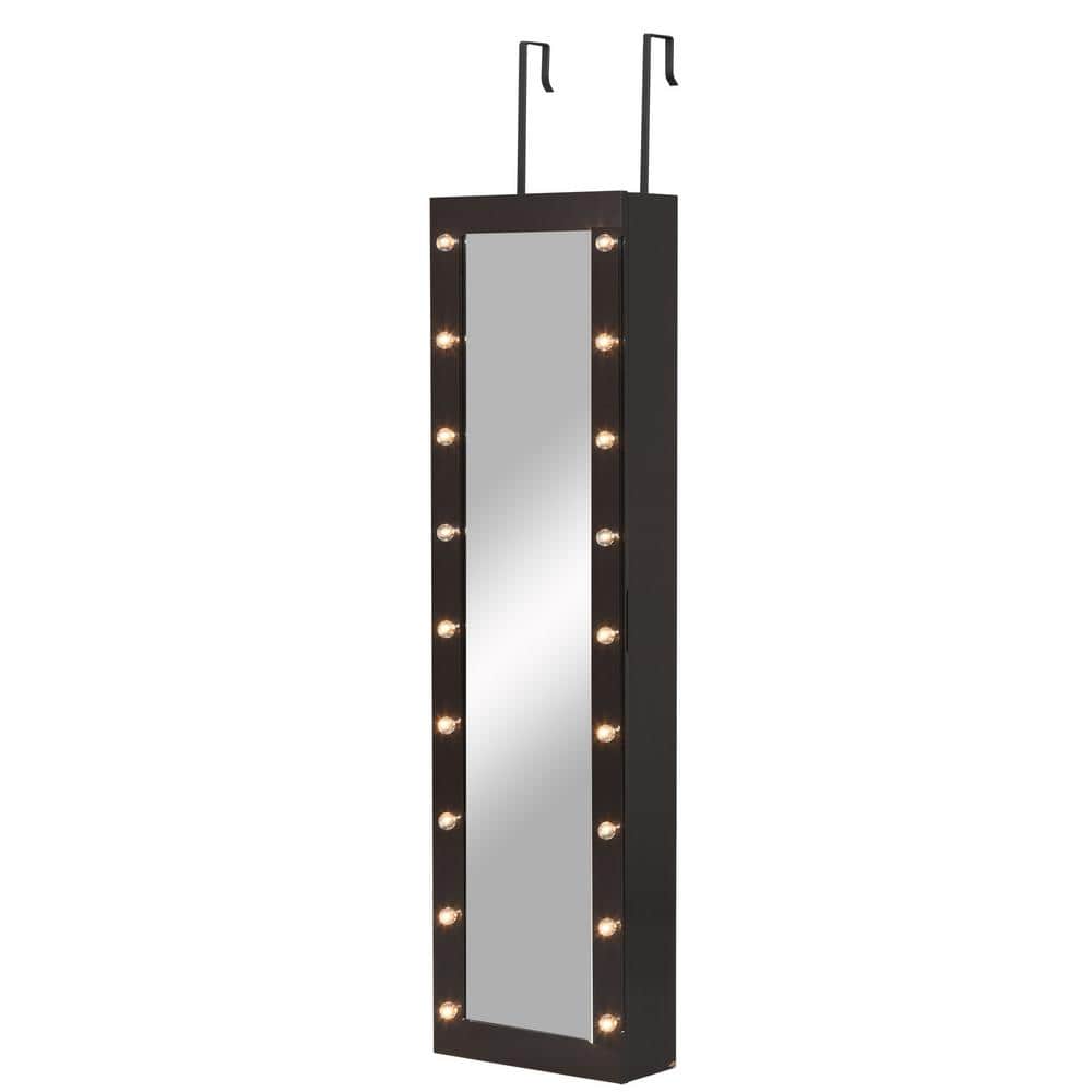 Brown Rectangular Wood Jewelry Cabinet with Mirror and 18 LED Lights, 3-Mou