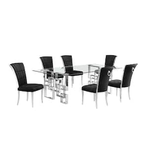 Dominga 7-Piece Rectangular Glass Top Stainless Steel Base Dining Set Seat Capacity 6 Black Velvet Fabric