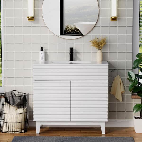 eclife 36 in. W x 17.7 in. D x 33.5 in. Single Sink Freestanding White Bath Vanity with White Integrated Composite Resin Top
