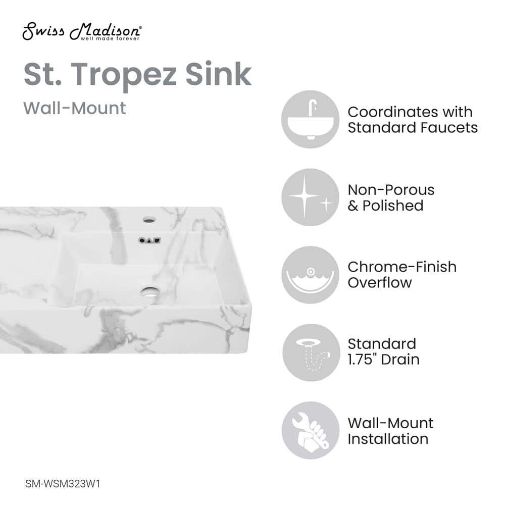 St. Tropez 24" White Marble Wall-Mount Bathroom Sink