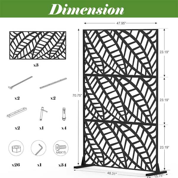 cadeninc Leaf-Pattern Steel Privacy Screen Fence Panels - 4.03 ft x 5.9 ft, Black