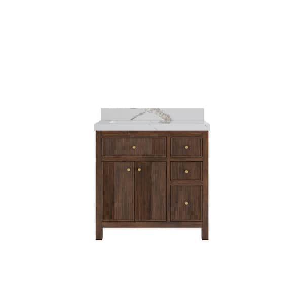 Willow Collections Sonoma Teak 36 in. Left Offset Sink Freestanding Dark Walnut Bath Vanity with Calcutta Gold Quartz Top Unassembled