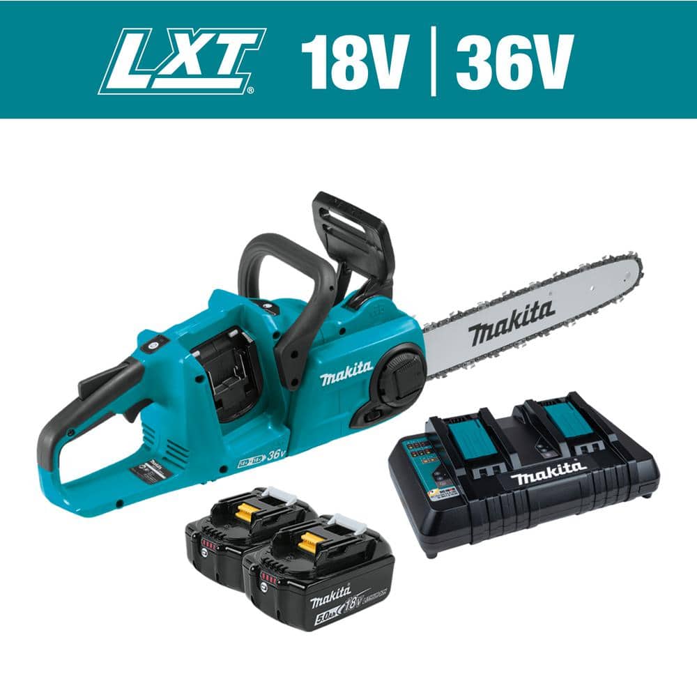 Makita LXT 14 in. 18V X2 (36V) Lithium-Ion Brushless Battery Rear Handle  Chain Saw Kit w/ (2) Batteries 5.0Ah, Charger XCU03PT - The Home Depot