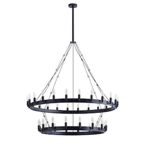 47.2 in. 40-Light Farmhouse Black 2-Tier Wagon Wheel Candle Chandelier Round Industrial Pendant Lighting