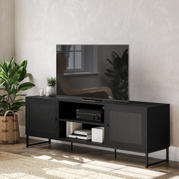 Malaki Black TV Stand Entertainment Center Fits TV's Up to 65 in. with 2 Rattan Soft Close Doors and Fixed Center Shelf