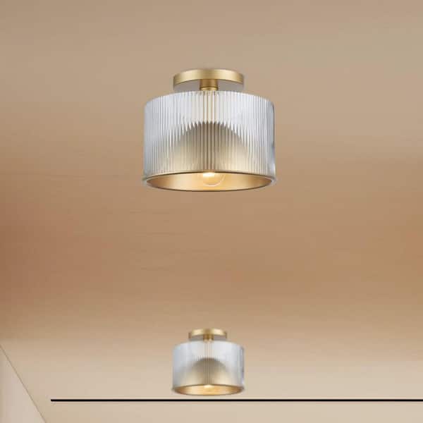 Bel Air Lighting Quartz Serenade 10.75 in. 1-Light Gold Semi-Flush Mount Ceiling Light with Clear Reeded Glass