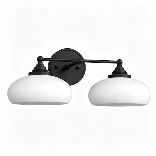 18 in. 2-Light Matte Black Milky White Bowl Glass Vanity Light, Modern Bathroom Mirror Light E26 Wall Fixture