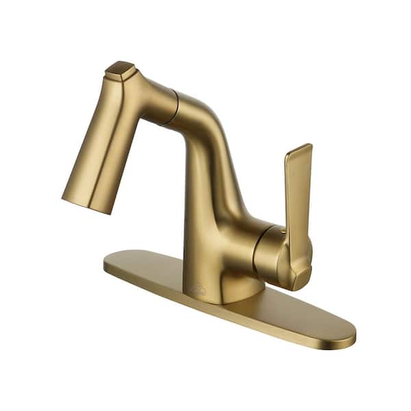 CASAINC Single Handle Single Hole Bathroom Faucet with Pull-Out Sprayer head, Deckplate Included in Stainless steel Brushed Gold