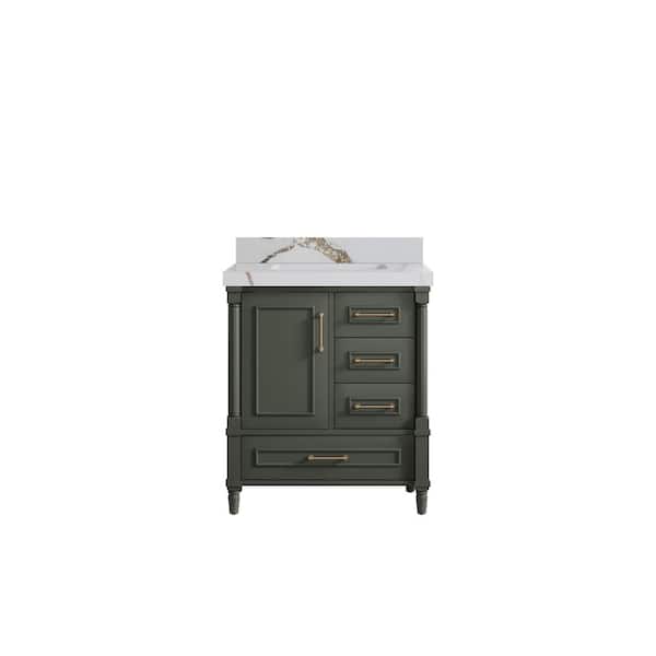 Willow Collections Hudson 30 in. W x 22 in. D x 36 in. H Single Sink Bath Vanity Center Pewter Green with 2 in. Calacatta Gold Quartz Top