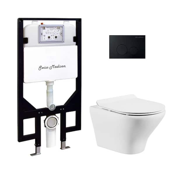 Swiss Madison Monaco Wall-Hung Toilet, Elongated, 3-Piece Bundle 0.8/1.6 GPF Dual Flush in Glossy White with Black Flush Plate