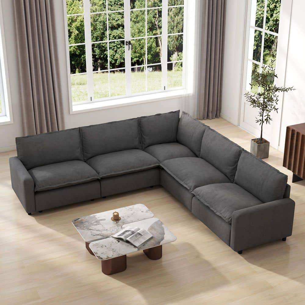 107.48 in. Square Arm 5-Piece Linen L-Shaped Oversized Sectional Sofa Living Room Couch with Removeble Cushion in Gray