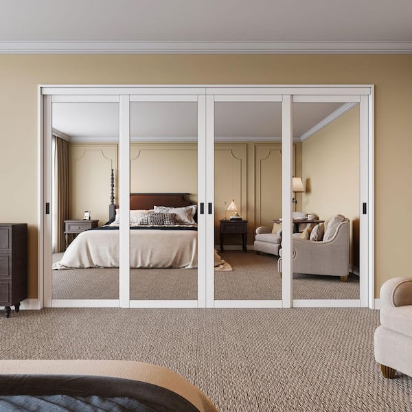 ARK DESIGN 120 in. x 80 in. Solid Core 1-Lite Mirror White Primed MDF Interior Closet Sliding Door with Hardware