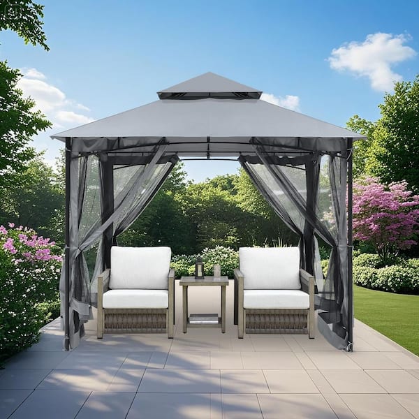 10 x 10 ft. Outdoor Patio Gazebo, Steel Frame Patio Gazebos with Double Roofs, Mosquito Netting, Gray
