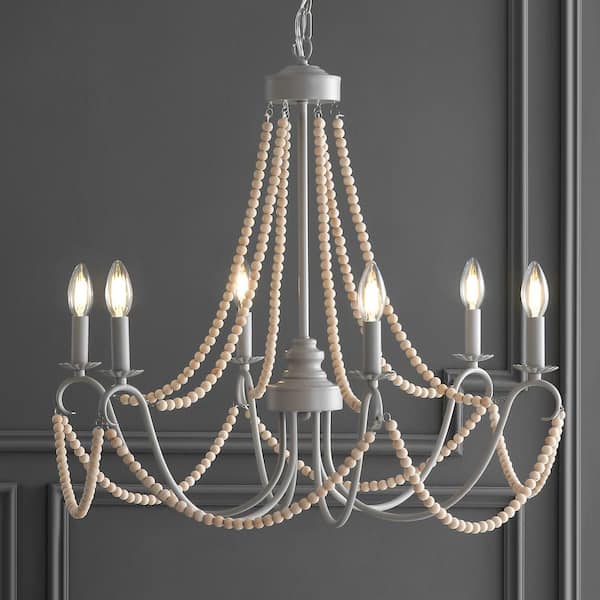 Rustica 6-Light 27 in. Grey/Natural Adjustable Greige Metal/Wood Bead LED Chandelier