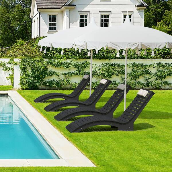 Black HDPS Plastic Outdoor Chaise Lounge UV Protection Waterproof Pool Lounge Chairs with Headrest Set of 4