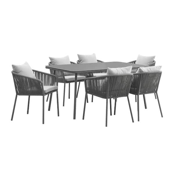 Unbranded 7-Piece Cast Aluminum Outdoor Dining Set with Light Grey Cushions for Barbecues, Dining Rooms, Foyer Hallways, Balcony
