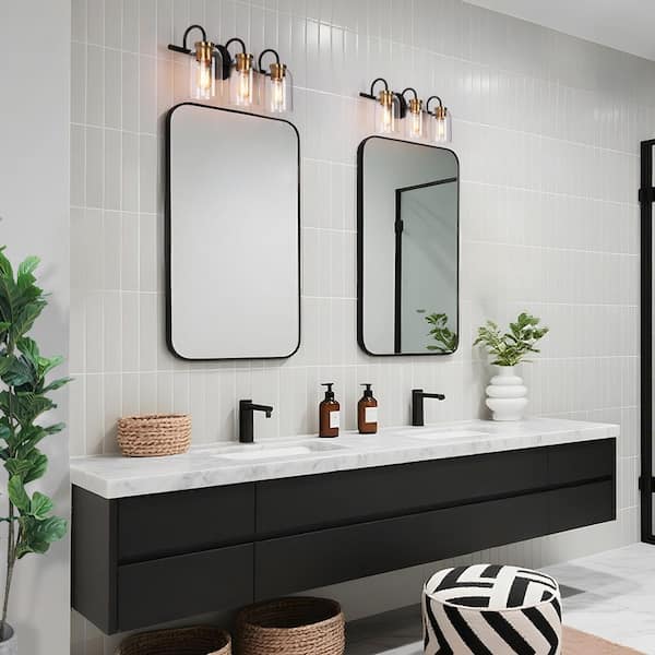 21 in. 3-Light Black Bathroom Vanity Light Modern Vintage DIY Brass Bath Light Clear Glass Farmhouse/Rustic Wall Sconce