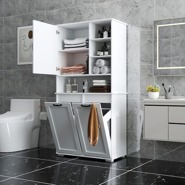 White 63 in. H MDF Modern Rectangle Laundry Room Hamper w/Shelf