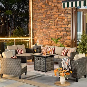 Mars Gray 5-Piece 7-Seat Wicker Patio Conversation Fire Pit Sofa Set with Beige Cushions