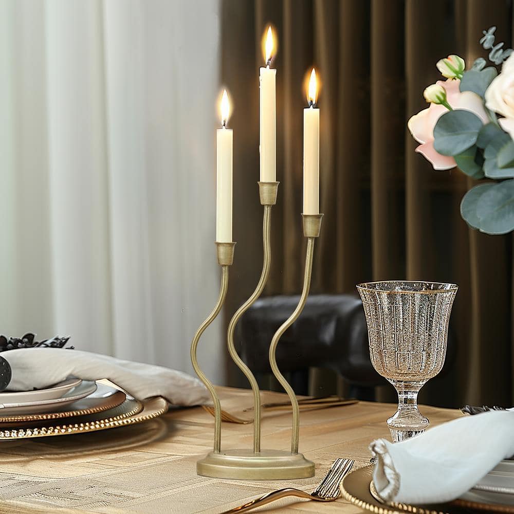 Gold Metal 3-Taper Candle Holder with Twisted Base