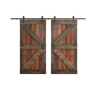 K Series 84 in. x 84 in. Dark Walnut/Aged Barrel Knotty Pine Wood Double Sliding Barn Door with Hardware Kit