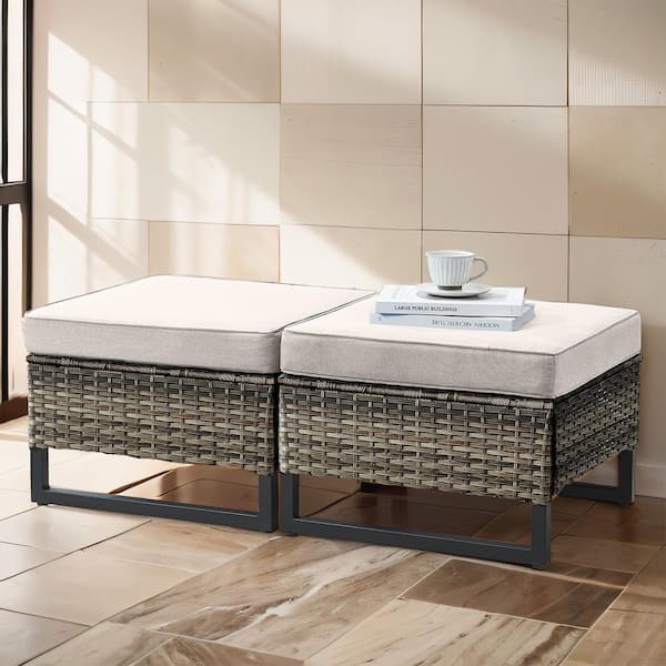 Gray Wicker Outdoor Ottoman with Metal Legs, Rattan Ottoman with Beige Cushions for Patio Porch (2-Pack)