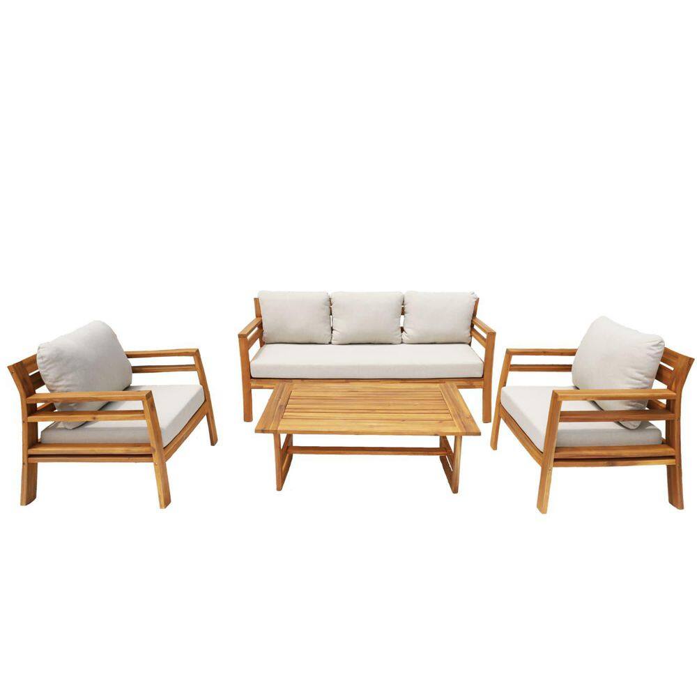 4-piece acacia wood patio conversation set with beige cushions on a white background