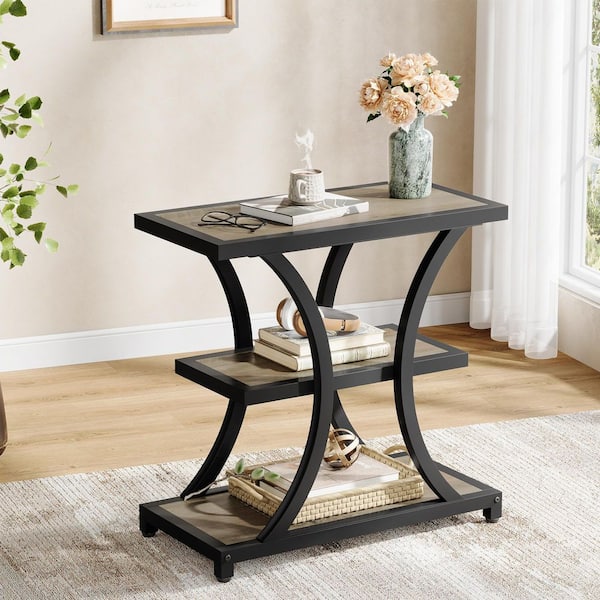 23.6 in. Gray Rectangle Engineered Wood End Table with Storage Shelves, Narrow Side Table with Metal Frame