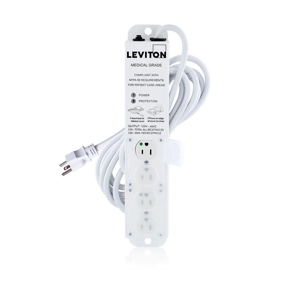 Leviton 15 Amp Medical Grade 4-Outlet Power Strip with Protection, Locking Covers and 15 ft. Cord, White (1-pack) 5304M-1S5