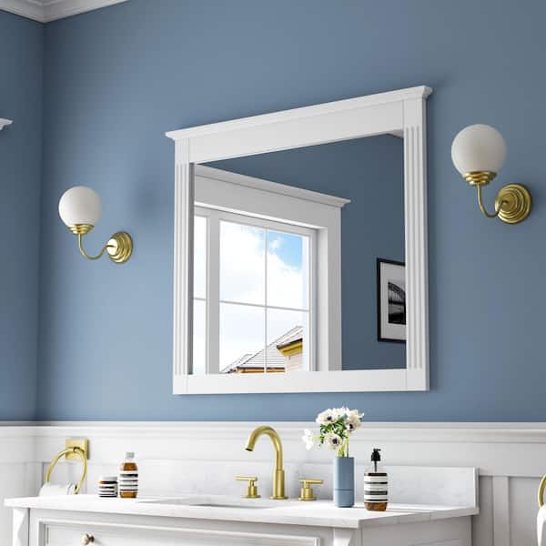 38 in. W x 33 in. H Rectangular Wood Framed Wall Bathroom Vanity Mirror in White