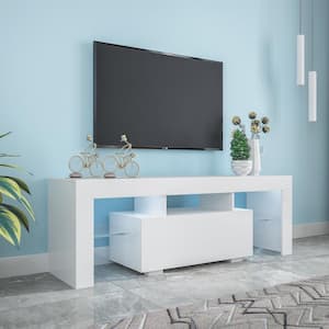 51.18 in. White TV Stand Fits TV's up to 55 in. with LED Light TV Cabinet