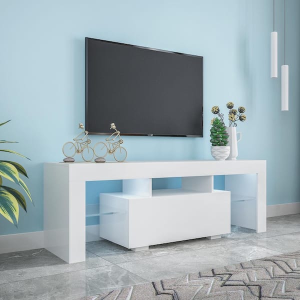 GODEER 51.18 in. White TV Stand Fits TV's up to 55 in. with LED Light TV Cabinet
