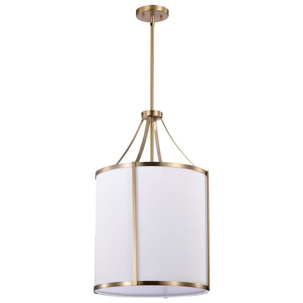 SATCO Easton 300-Watt 3-Light Burnished Brass Shaded Pendant Light with White Linen Shade, No Bulbs Included