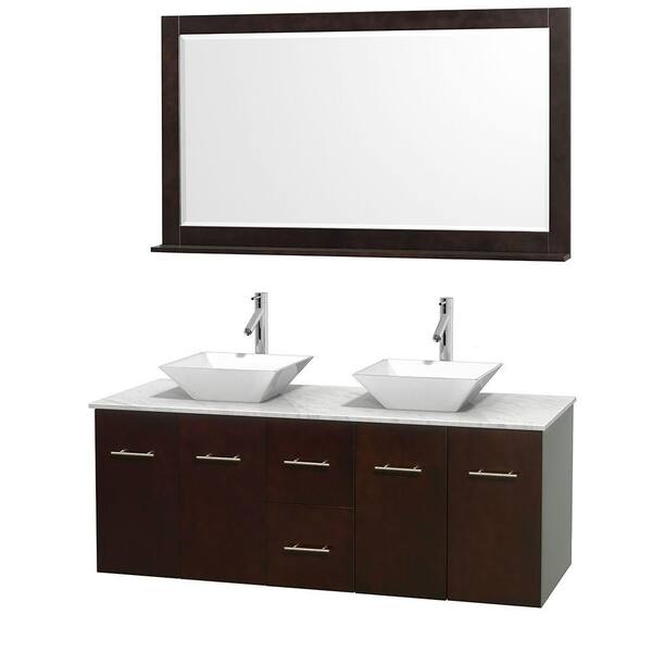 Wyndham Collection Centra 60 in. Double Vanity in Espresso with Marble Vanity Top in Carrara White, Porcelain Sinks and 58 in. Mirror