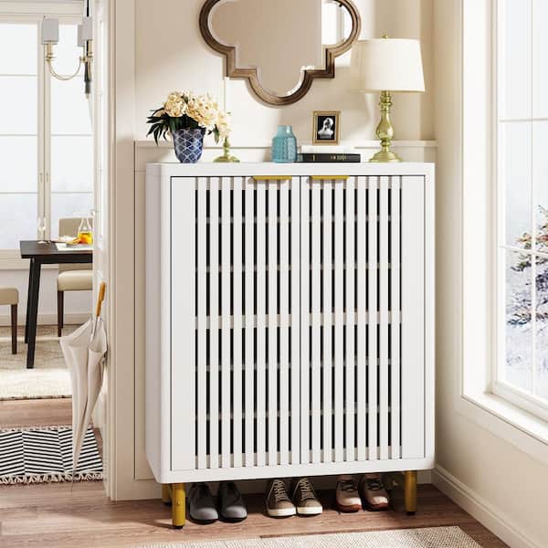 Lauren 43.31 in. H x 33.46 in. W White Wood Shoe Storage Cabinet with Adjustable Shelves and Metal Legs