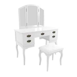 Ashland White Vanity Table with 1-Padded Stool and 3-Sided Mirror and 5-Drawer