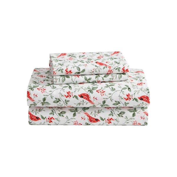 Laura Ashley Jolly Cardinals 4-Piece Evergreen/Red Flannel King Sheet Set
