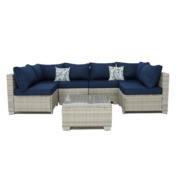 Sudzendf Gray 7-Piece Wicker Outdoor Sectional Set with Glass Table and Dark Blue Cushions