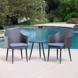 3-Piece Wicker Outdoor Patio Conversation Seating Set with Blue Cushions and Side Table for Patio, Garden and Backyard