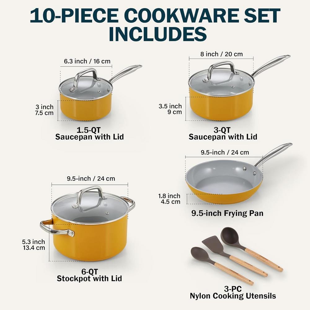 Yellow 10-Piece Hard Anodized Nonstick Ceramic Cookware Set