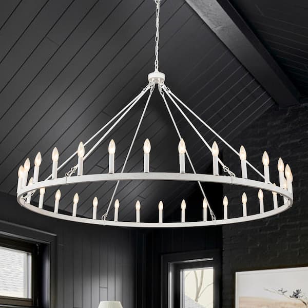 Vyolette 30 - Light 60 in. Distressed White Oversized Modern Farmhouse Candle Wagon Wheel Chandelier for Living Room