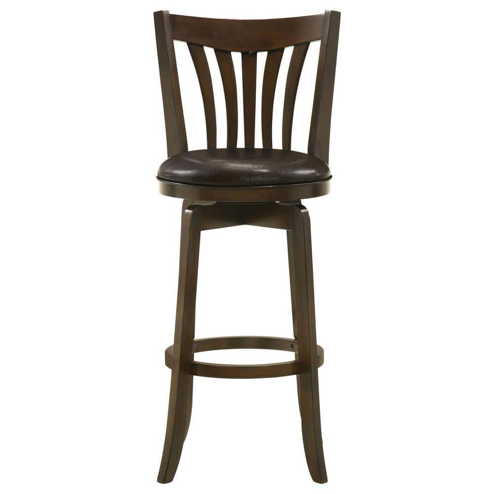 Dark Brown Wood Swivel Bar Stool with Faux Leather Seat