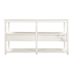 58 in. Antique White Rectangle Wood Console Table Sofa Table with 3-Tier Open Storage Shelf